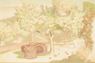 An apple orchard scene with ripe apples hanging from the trees. Woven baskets filled with apples are placed on the ground. A ladder leans against one of the trees. The setting is bright and pastoral, with light green and pastel hues dominating the scene. In the background, there are more trees and foliage, suggesting a large orchard or grove.