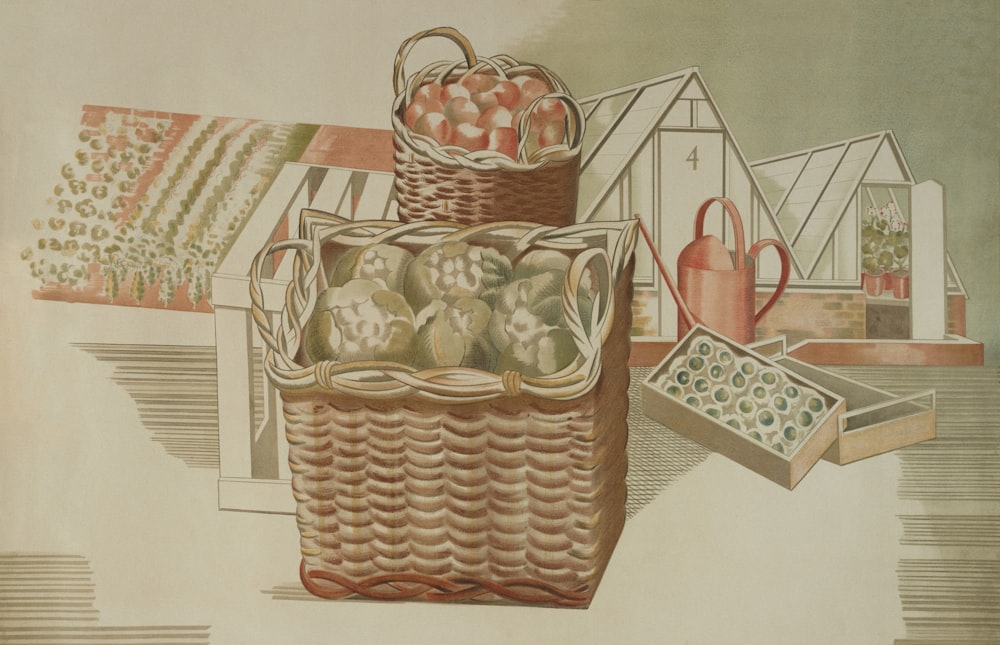 a painting of a basket of fruit and other items