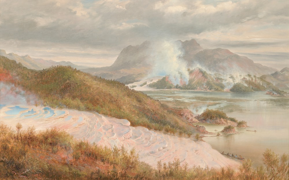 une peinture d’un paysage avec des montagnes et un plan d’eau