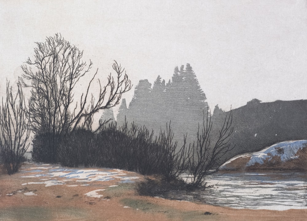 a painting of a snowy landscape with trees