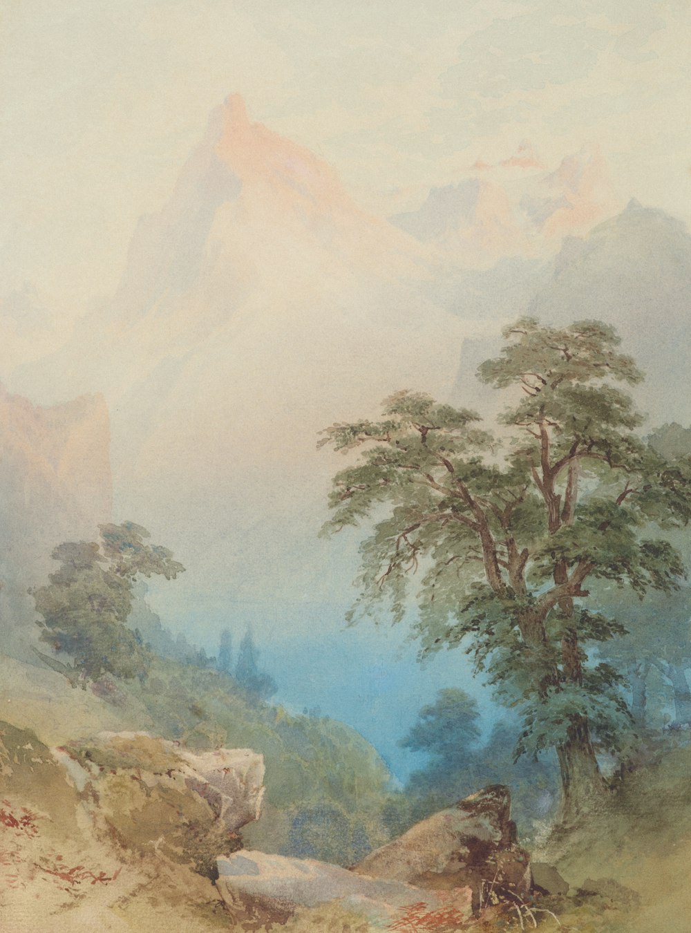 a painting of a mountain scene with a man on a horse