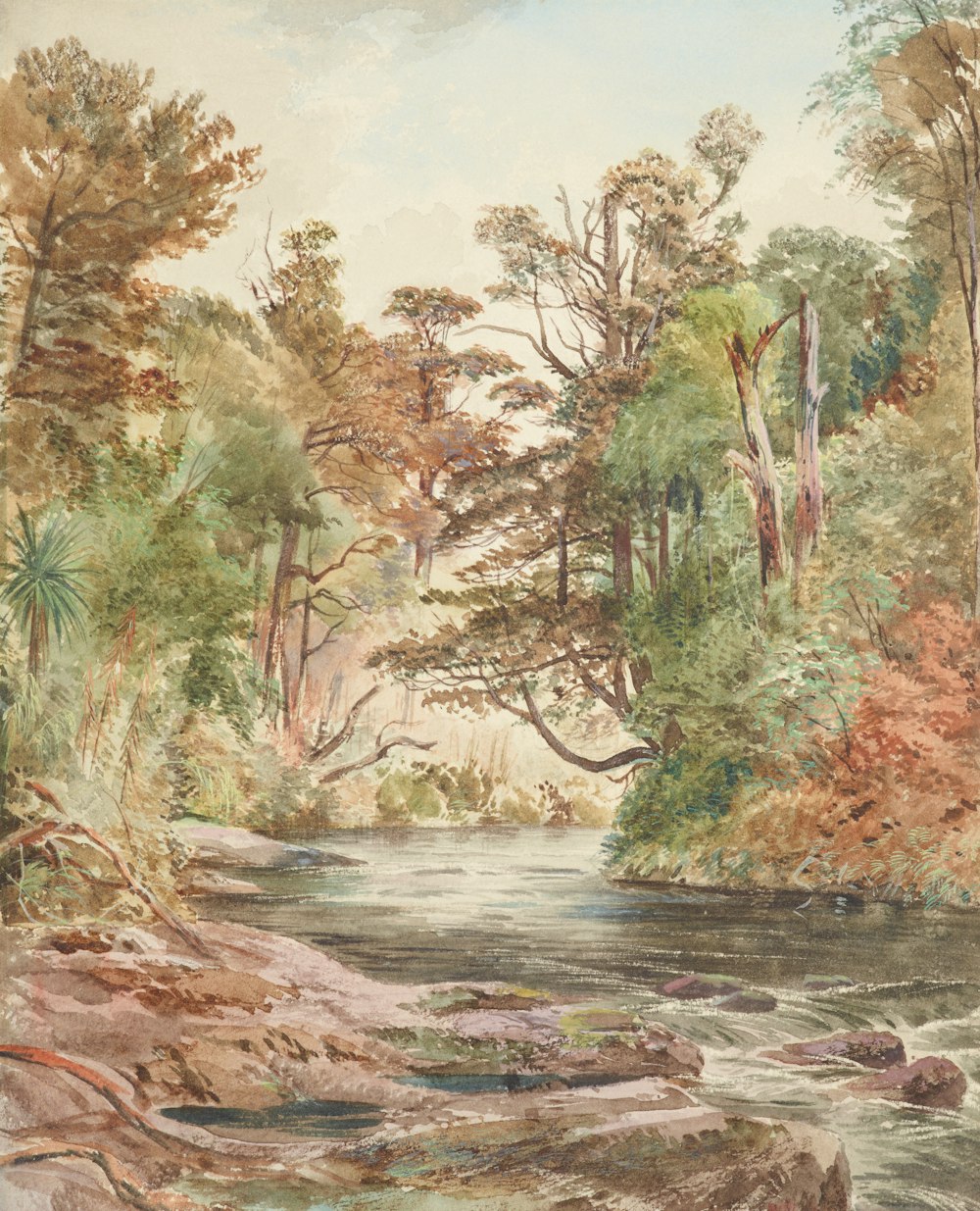 a painting of a river surrounded by trees