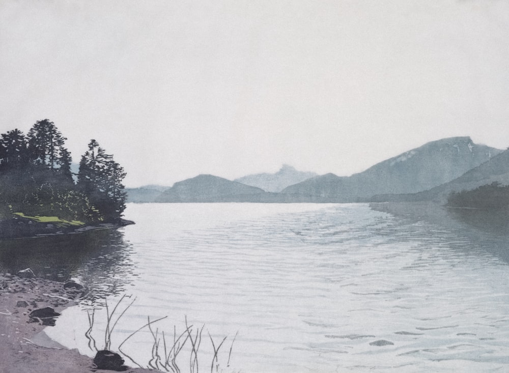 a painting of a body of water with mountains in the background