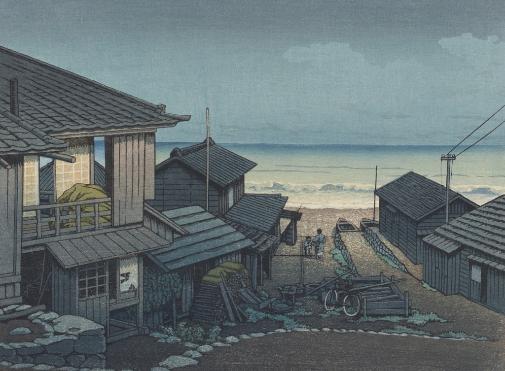 a painting of a beach with houses and a body of water in the background