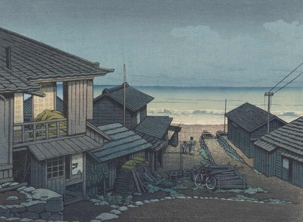 ein Gemälde eines Strandes mit Häusern und einem Gewässer im Hintergrund