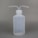 A semi-transparent plastic wash bottle with two bent dispensing nozzles. The bottle has a cylindrical shape with a white cap, and the background is a plain, neutral grey.