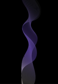 A sleek, abstract wave-like form rises vertically against a black background. The shape consists of fine, curved lines that intersect, creating a sense of depth and movement. The gradient ranges from deep purple at the base, transitioning to lighter shades as it ascends.