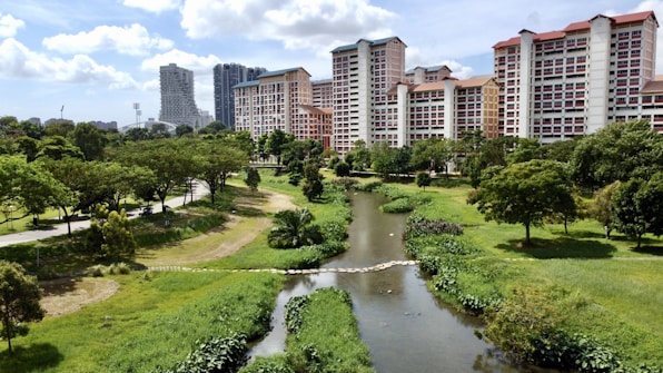 A serene park with a small river running through it, surrounded by lush greenery and trees. In the background, there are multiple modern high-rise residential buildings with a mix of colors, primarily red, white, and yellow. The sky is blue with scattered white clouds, suggesting a clear day.
