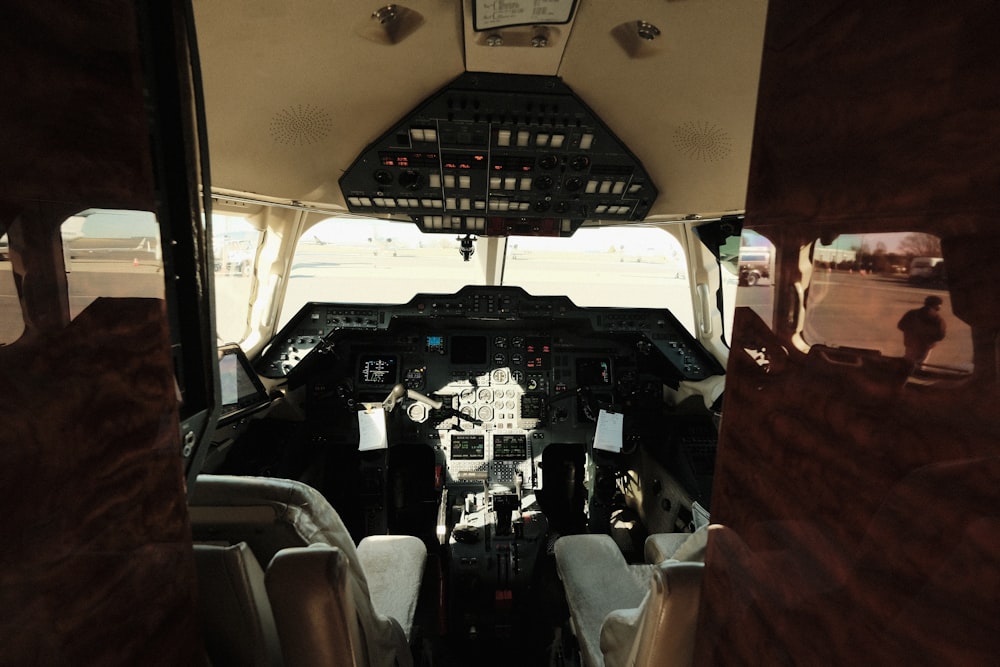 a view of the cockpit of an airplane from the inside