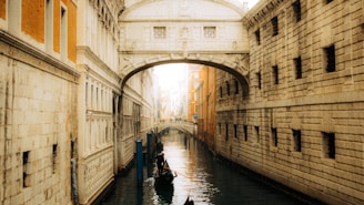 A serene view of Venice’s canals with gondolas gently floating under historic bridges