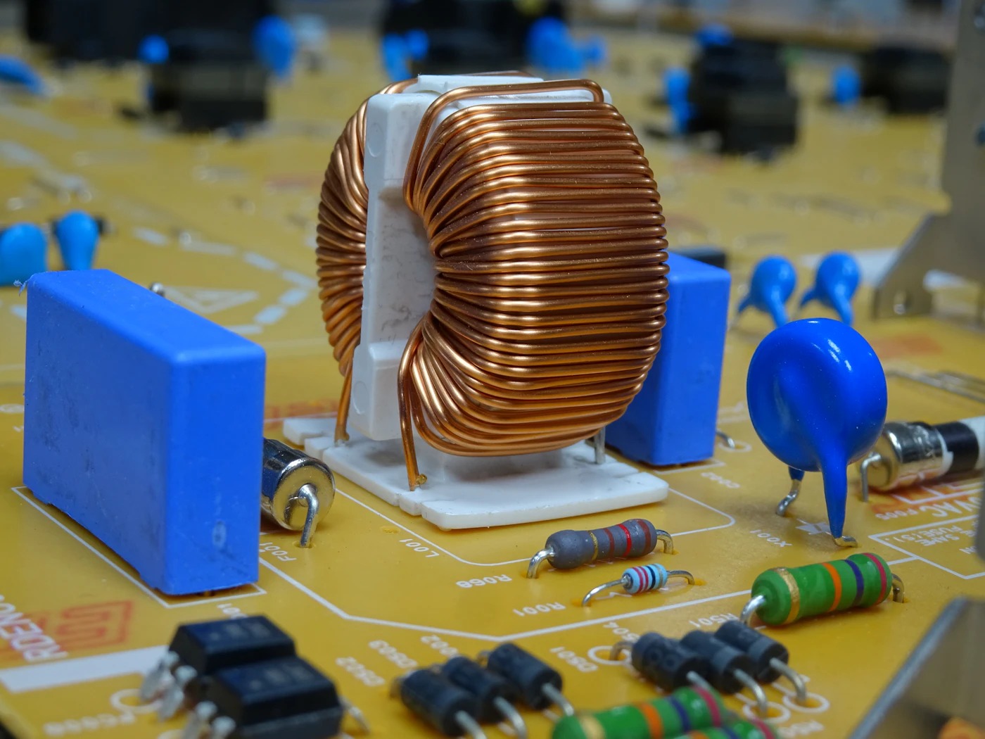 Close-up of a printed circuit board with electronic components