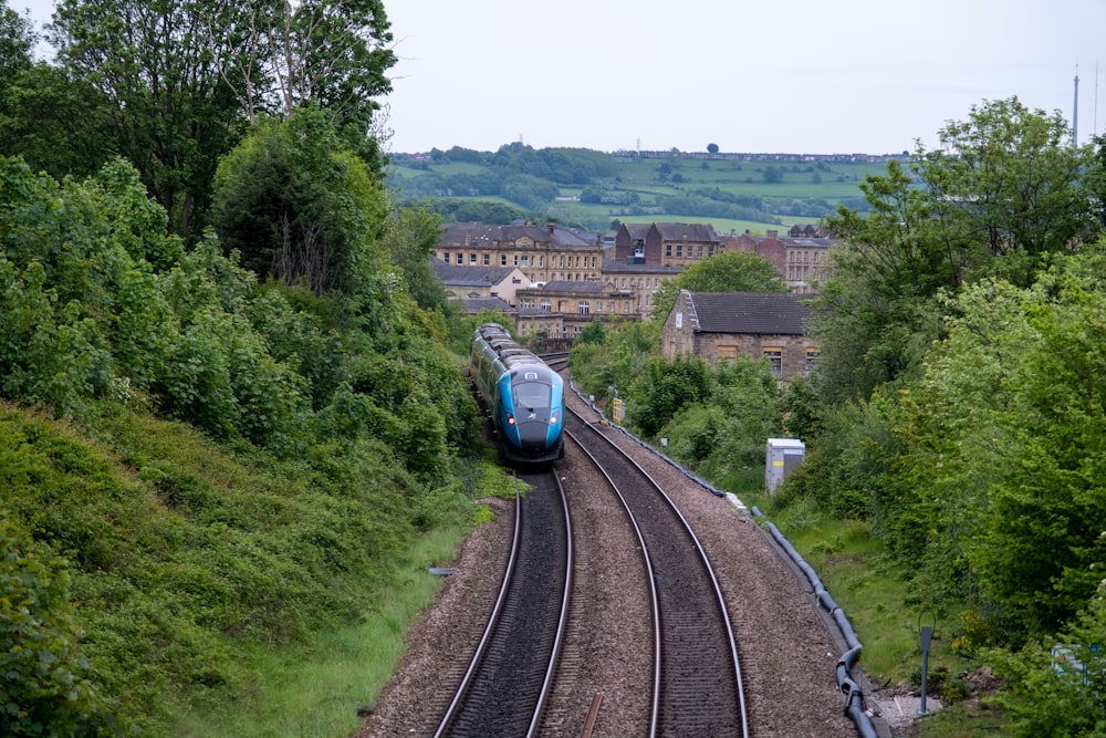a blue train traveling through a lush green countryside