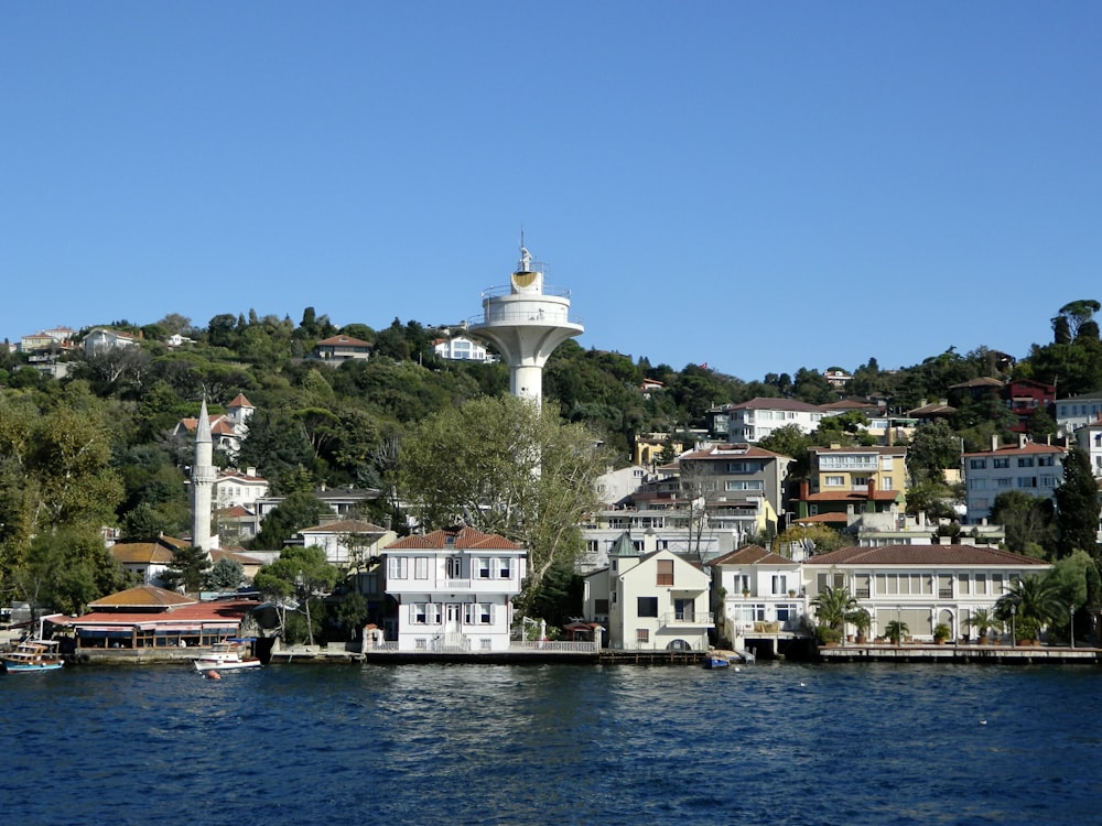 a large body of water with houses on a hill in the background