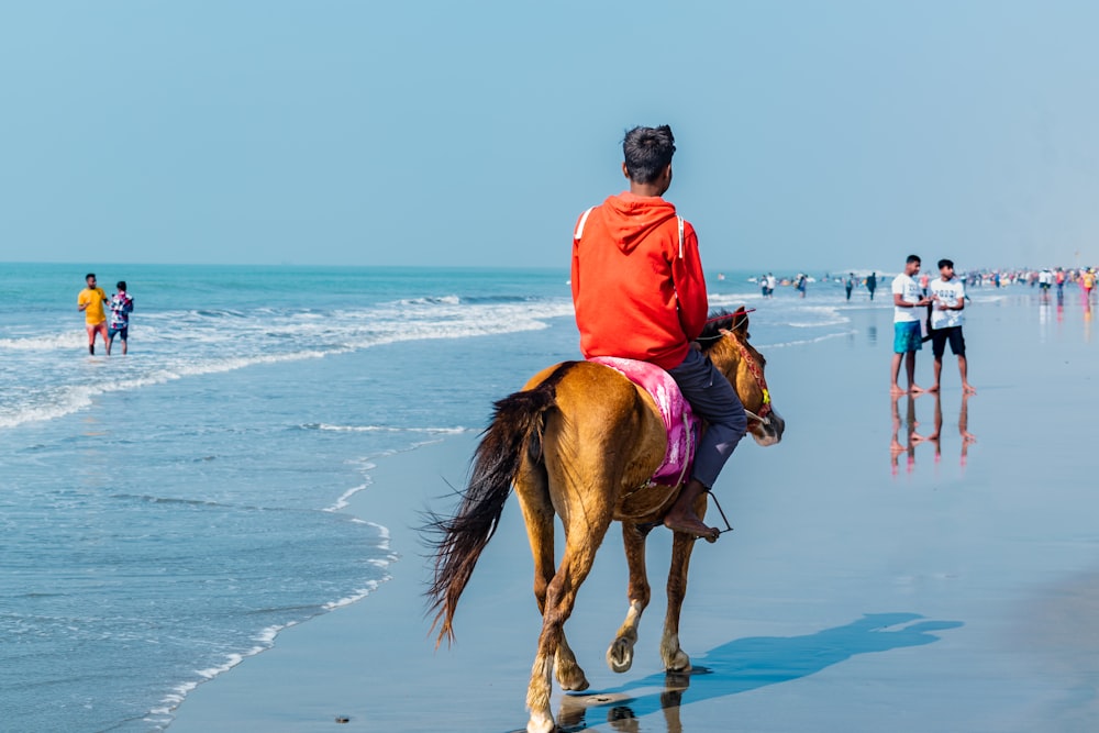 eine Person, die ein Pferd am Strand reitet