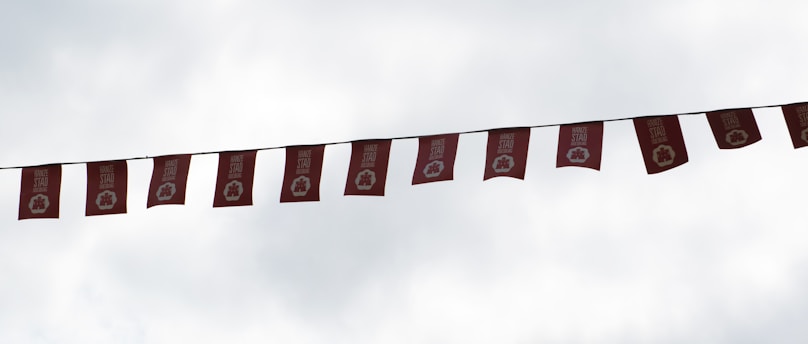 A series of red flags with white text and logos hang on a line against a cloudy sky. Each flag features a circular emblem and the same text printed on it.