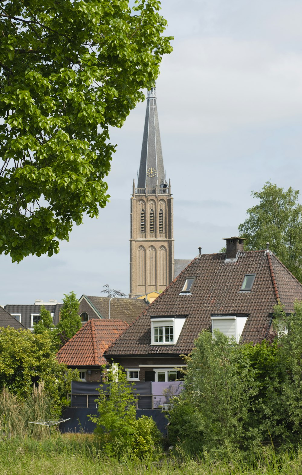 a church with a steeple in the background