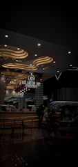 Detailed shot of lighting fixtures and decorative elements in the cafe.