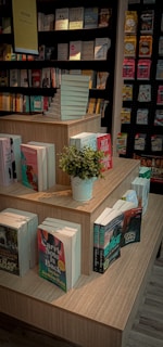 A set of tiered wooden shelves displaying a variety of books, including both vertically and horizontally stacked volumes. A small potted plant sits prominently on the middle shelf. The background shows additional shelves with more books and colorful comic-style items. A sign marked 'Fiction' is visible, suggesting this is a section of a bookstore.