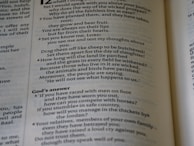 A close-up view of an open book, revealing printed text in columns. The text includes a conversation and some questions posed, with a section titled 'God’s answer.' The page has large and small font sizes and is displayed at an angle, adding depth and focus.