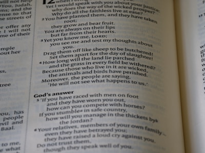 A close-up view of an open book, revealing printed text in columns. The text includes a conversation and some questions posed, with a section titled 'God’s answer.' The page has large and small font sizes and is displayed at an angle, adding depth and focus.