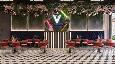 A chic lounge setup with vibrant lighting and stylish decor for a girls' night party.