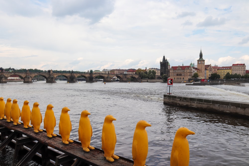 a bunch of yellow ducks are lined up on a bridge