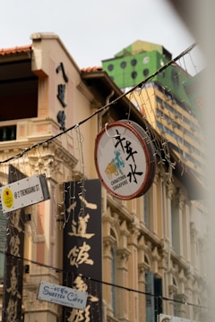 Signage in a bustling urban area, featuring a circular sign for Chinatown Singapore and other smaller signs hanging in front of traditional buildings with ornate facades. Decorative string lights add a festive touch against a backdrop of architectural elements.