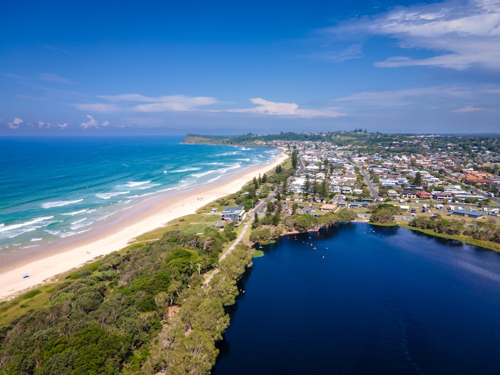 an aerial view of a beach and the ocean