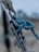 A close-up view of a metal climbing gear setup, featuring a carabiner linked with a strong blue climbing rope. The rope has orange and green speckles and is securely tied around the gear. The image is sharp, with the focus on the metal and rope, while the background is blurred, suggesting an outdoor environment.