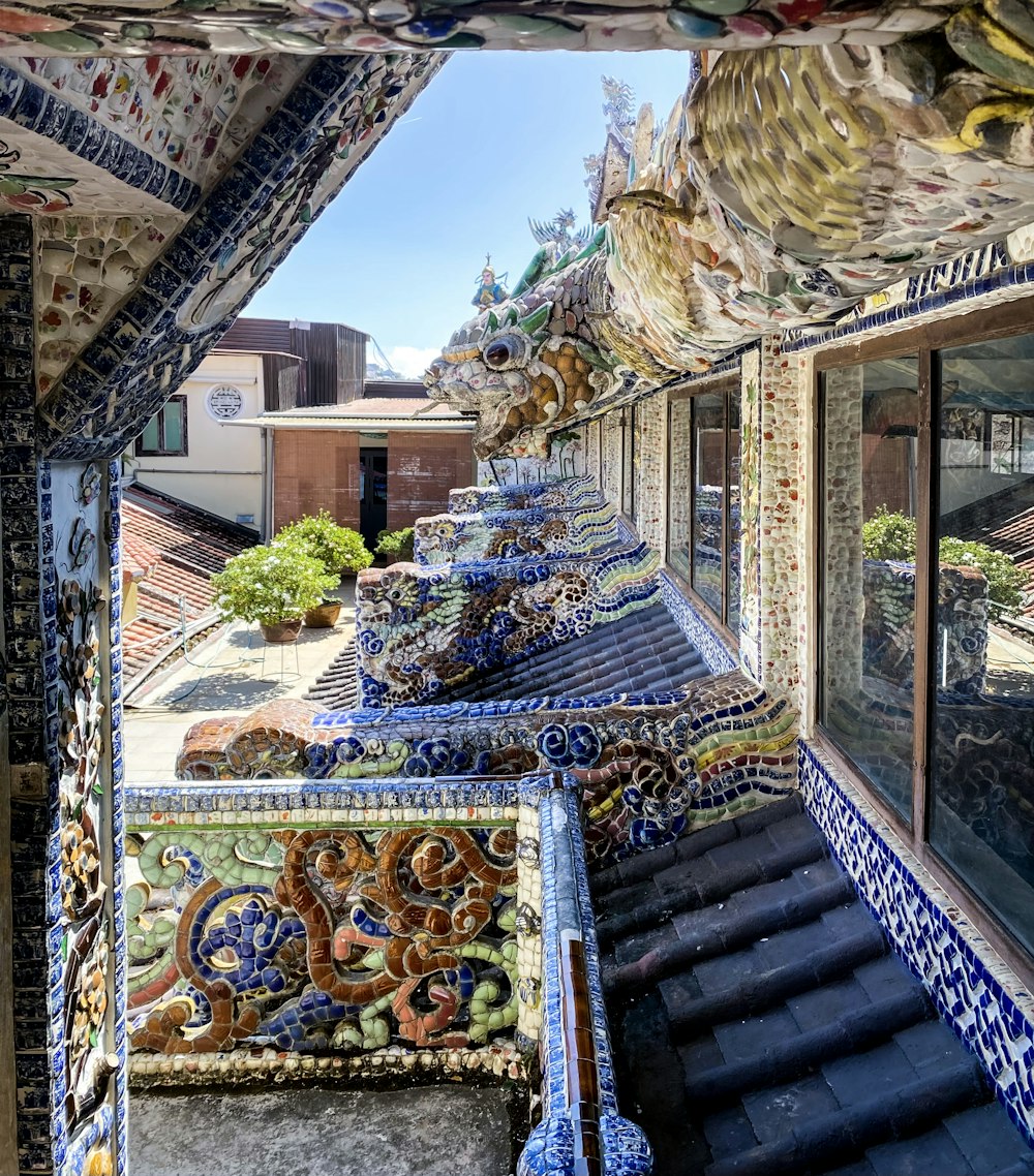 a view of a building with a bunch of tiles on it