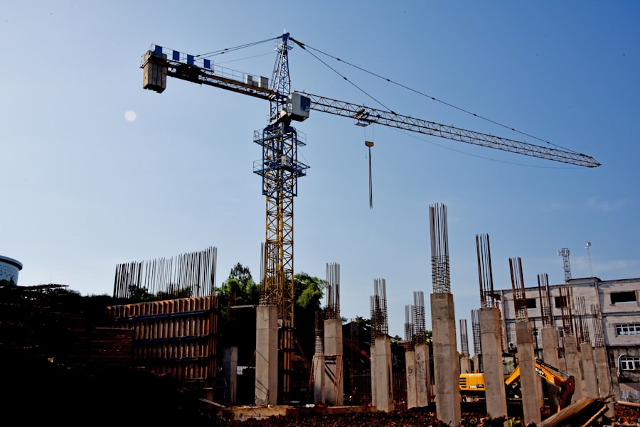 Ground-up building construction site with crane