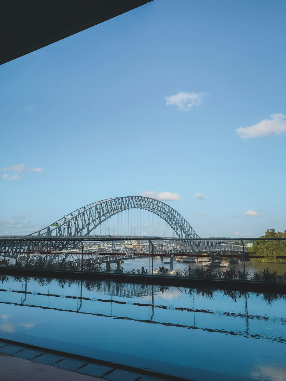 a bridge over a body of water under a blue sky
