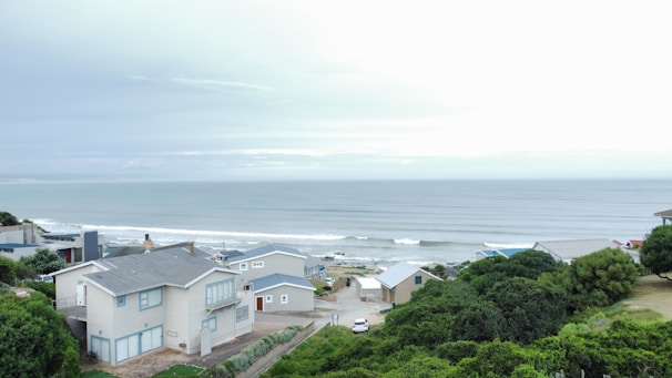 Several modern coastal houses with blue and gray tones are situated near a tranquil ocean. Rolling waves approach a rocky shoreline and a mix of lush green trees surround the area, creating a serene atmosphere.
