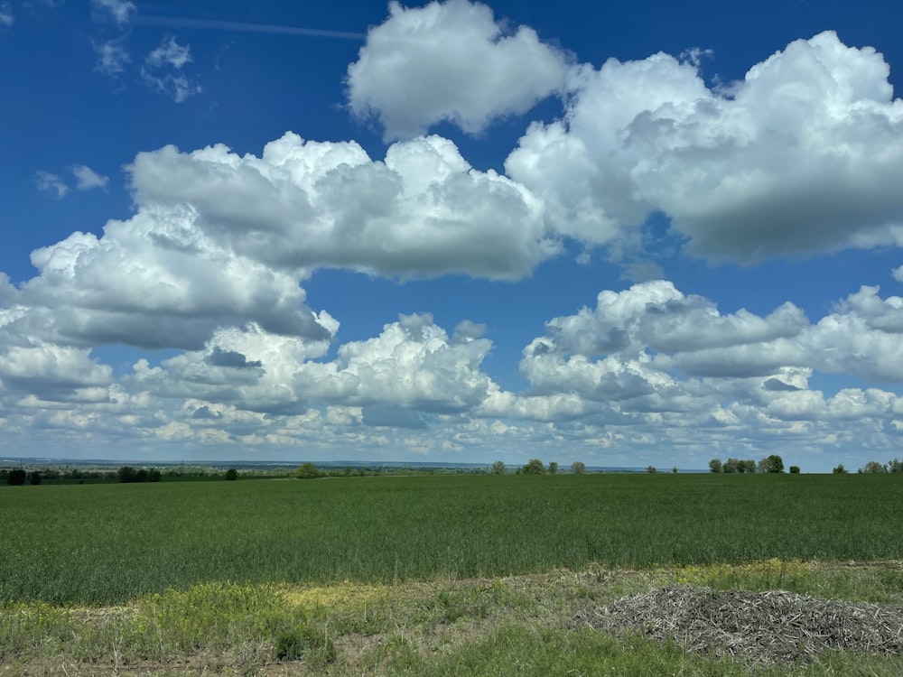 um campo de grama com nuvens no céu