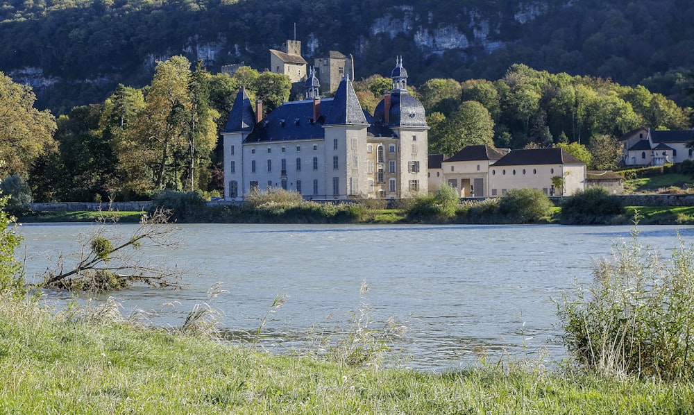 a large castle sitting on top of a lush green hillside