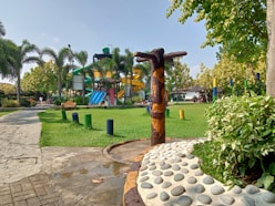 a park with a water slide in the background