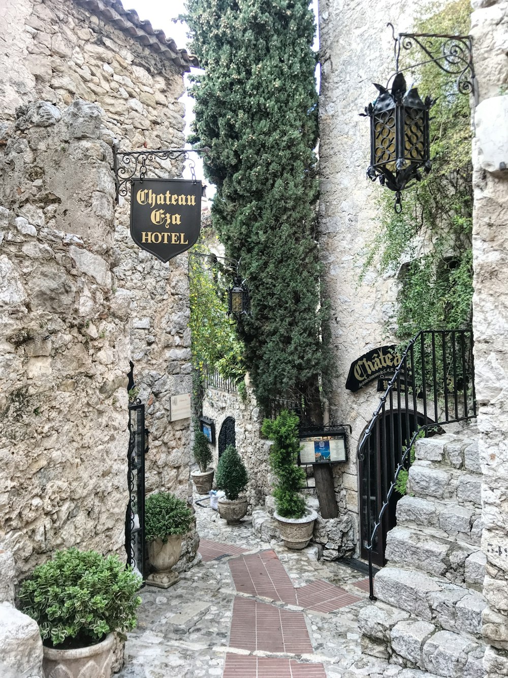 a cobblestone street lined with potted plants