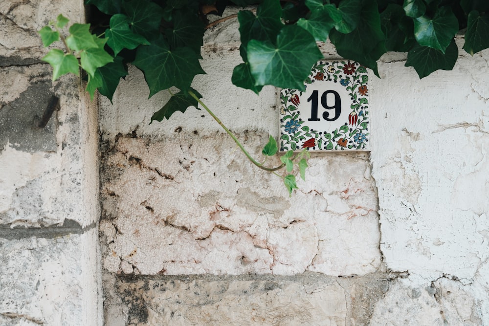 a house number sign on a stone wall