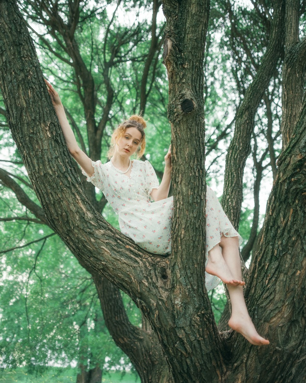 a woman in a white dress sitting in a tree