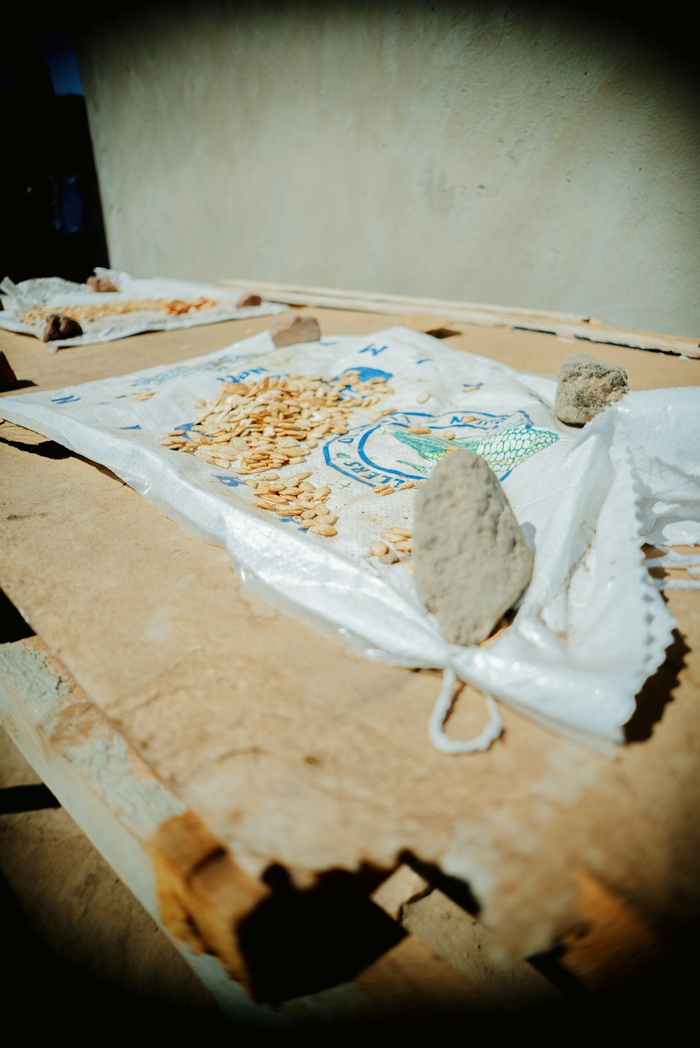 a bag of food sitting on top of a wooden table