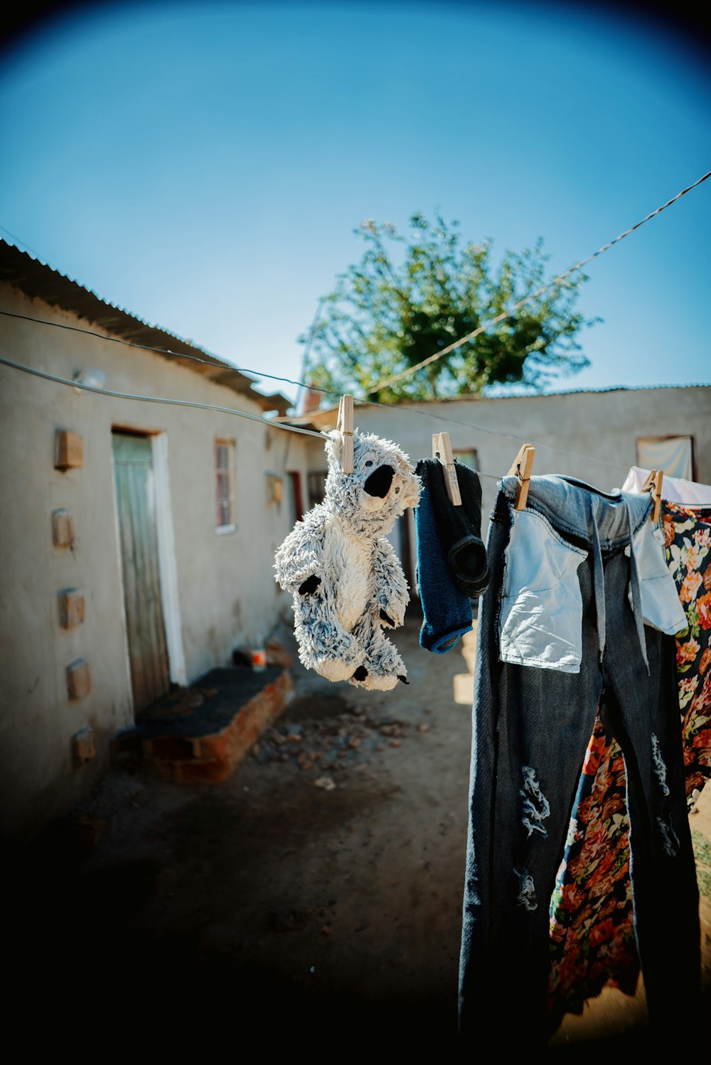 a clothes line with clothes hanging from it