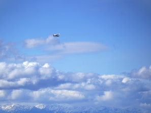 A scenic mountain view with a small airplane flying overhead on a clear day