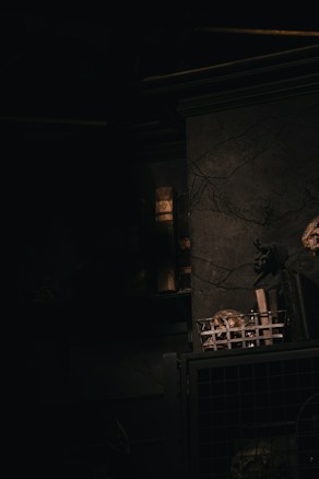 A dimly lit, mysterious interior with eerie shadows. The wall has a cracked texture, and there is a mesh basket containing unidentified objects. A bookshelf with old volumes is partially visible, casting an ambient glow.
