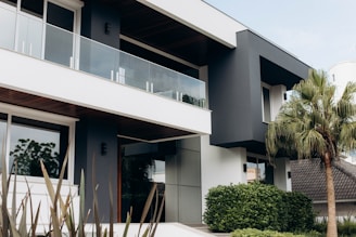 Uma casa moderna com uma palmeira na frente.