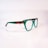 A pair of eyeglasses with a distinctive design, featuring green transparent frames with brown tortoiseshell accents on the temples. The glasses are set against a plain, soft-focus background, highlighting their stylish and modern appearance.