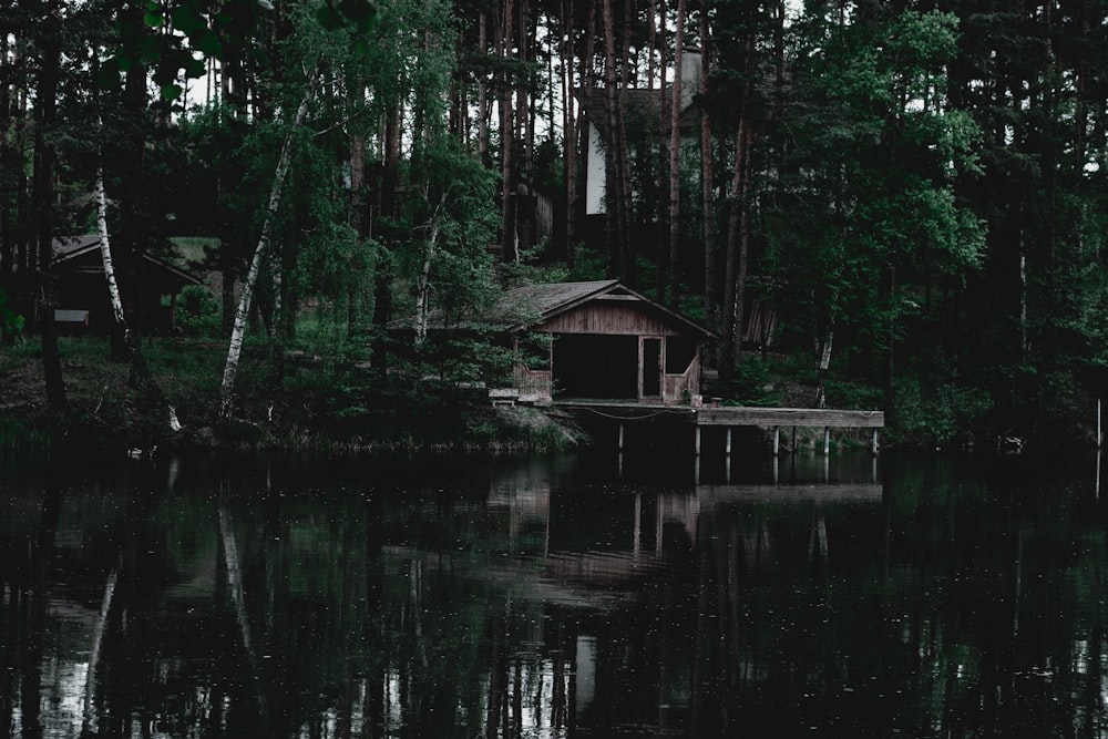 a small cabin sits on the edge of a lake