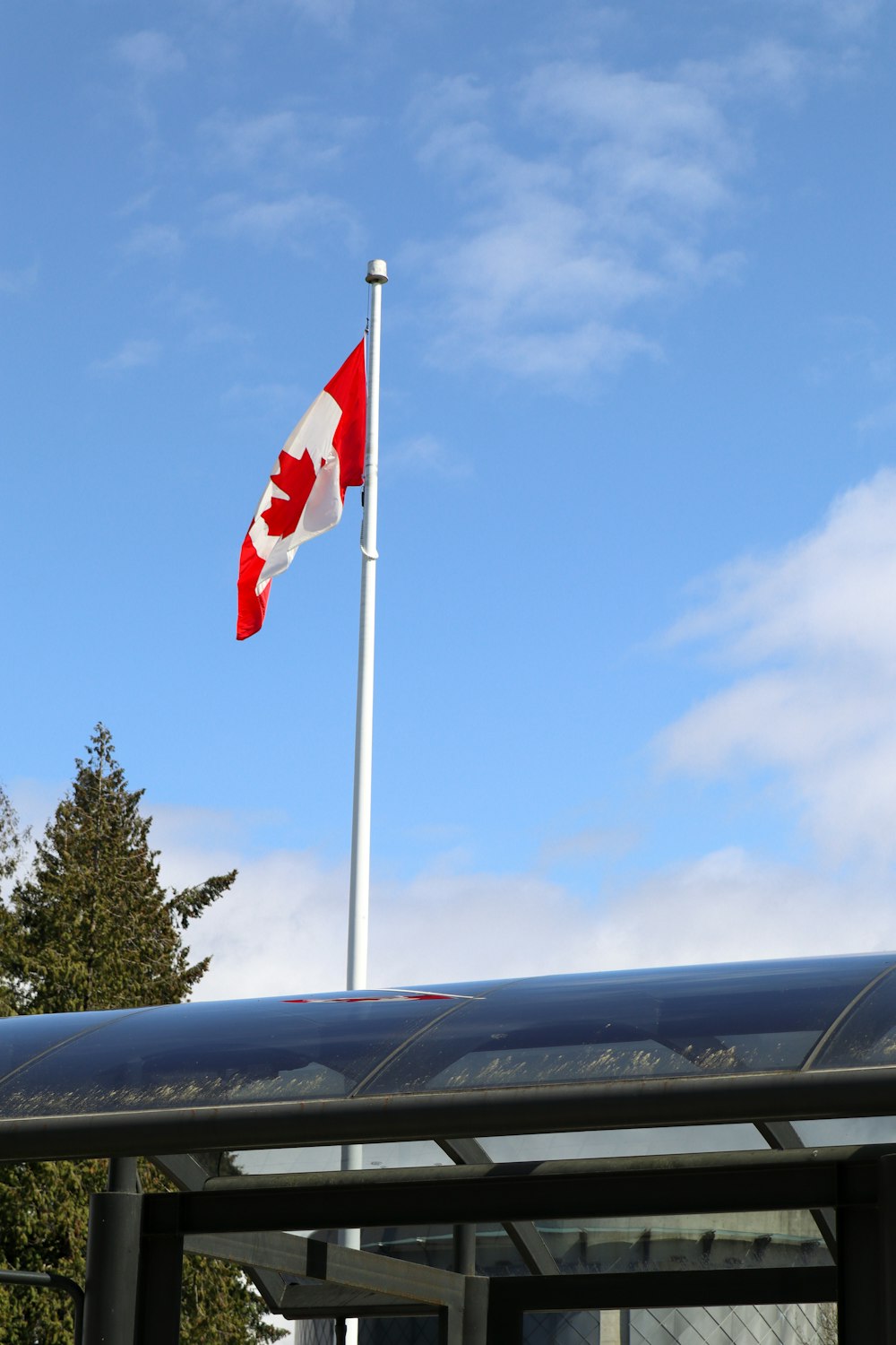 バス停の上を飛ぶカナダの旗