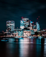 A modern city skyline at night with illuminated skyscrapers reflecting on a calm river.