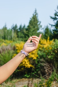A hand is raised against a backdrop of lush green trees and vibrant yellow bushes. The person is wearing a colorful bracelet made of intertwined threads. The atmosphere feels calm and the greenery is dense.