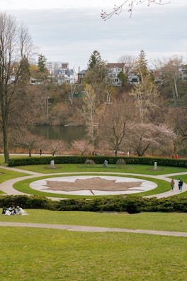 A landscaped park area features a large circular design with a leaf pattern made from earth and grass. Surrounding the circle is a well-maintained lawn with pathways that curve gently around the design. A few people are walking and others are seated on the grass. The background consists of a serene lake lined with trees, and beyond that, charming residential houses are nestled among more trees.